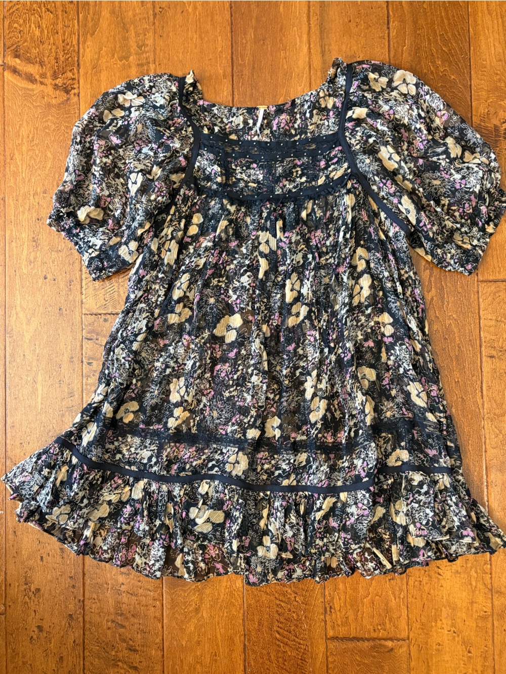 Free People Black Floral Sheer Puff Sleeve Mini Dress Size XS